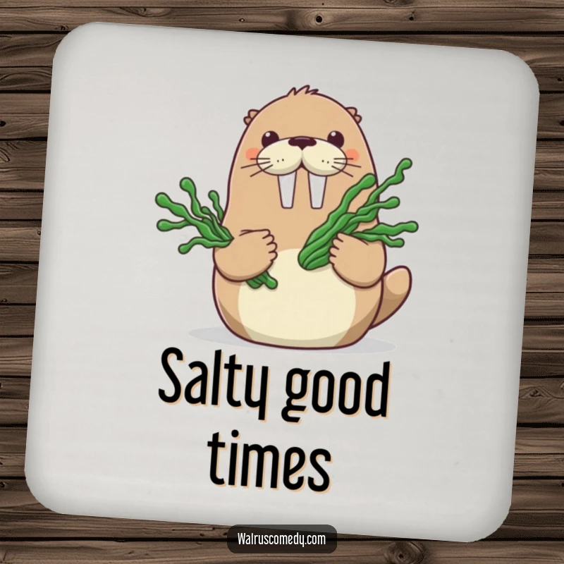 Funny drink coaster with a happy walrus character holding a bouquet of seaweed, offering surface protection with cute, ocean-themed art.