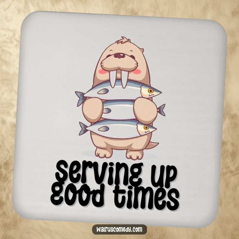 Funny Walrus Coaster: A single coaster shows a walrus balancing a tall stack of fish, protecting your table with a smile.