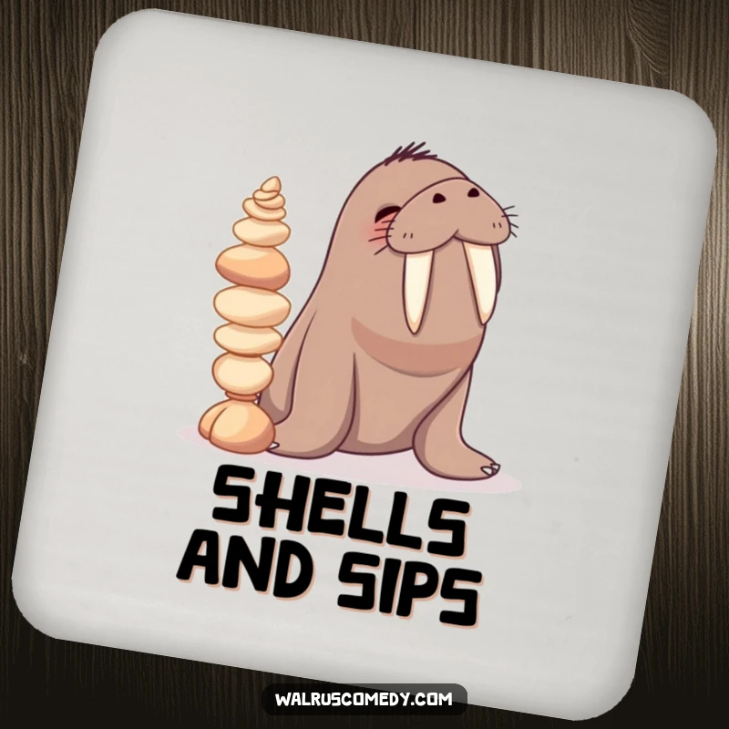 Funny coaster illustration of a giggling walrus character balancing a stack of seashells on its tusks, adding ocean humor to drink protection.