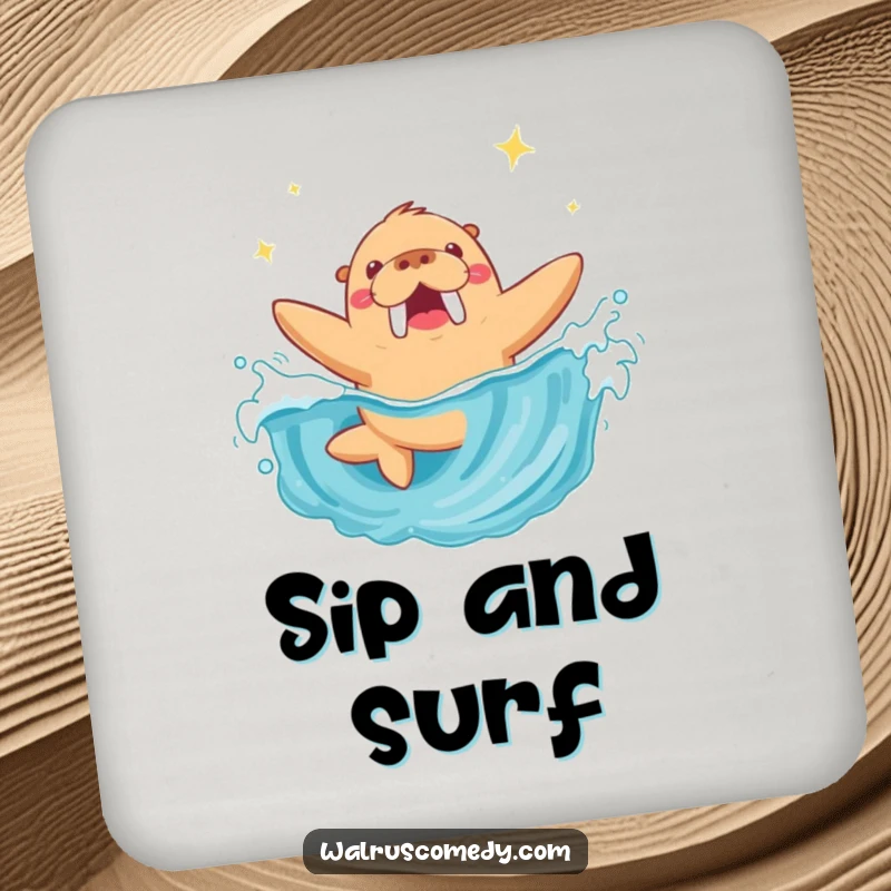 Funny Walrus Coaster: A coaster shows a walrus joyfully diving into a sparkling wave, protecting your table with humor.