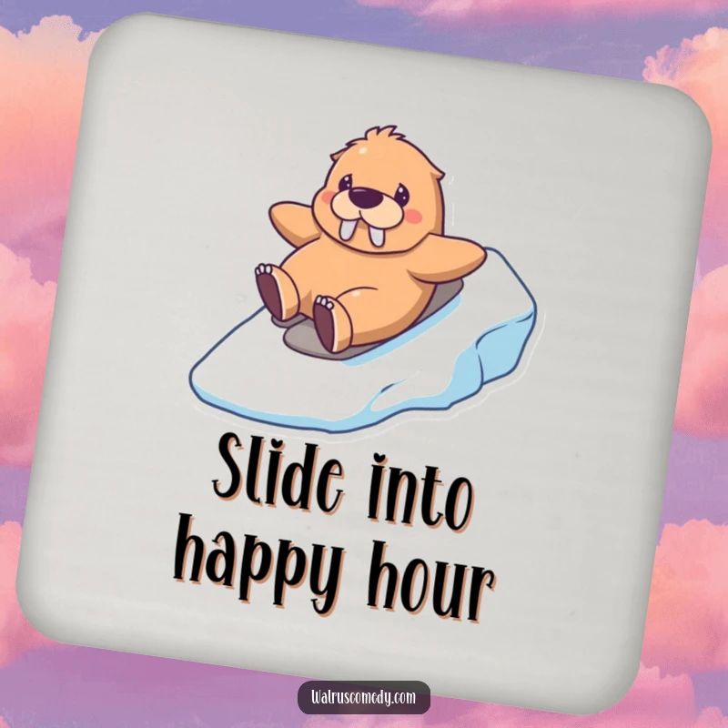 Funny kawaii walrus coaster featuring a happy walrus sliding down an icy hill, adding whimsical humor and winter cheer to any table.