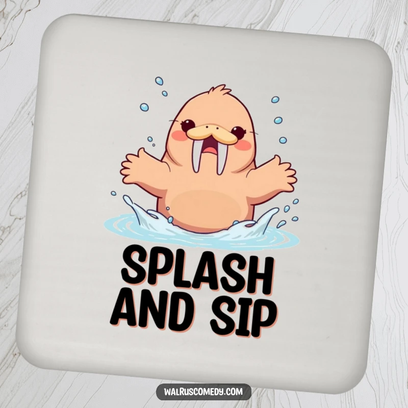 Funny Kawaii Walrus Splashing Water Coaster, an energetic walrus splashing water, protects surfaces with fun.