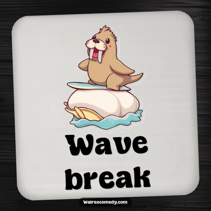 Funny drink coasters featuring a walrus surfing on a giant clam, protecting surfaces with humor.