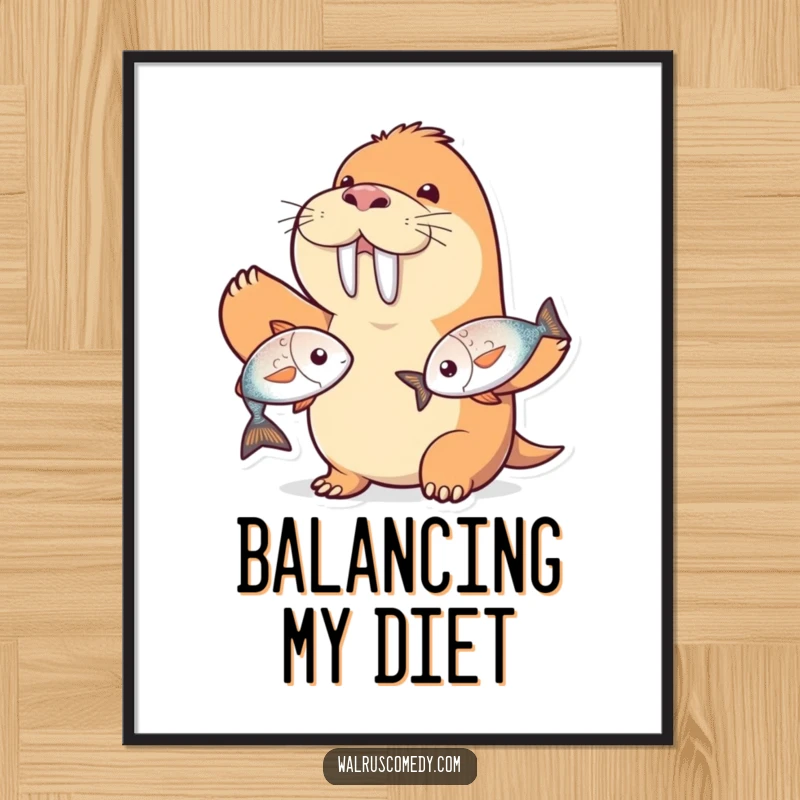 Funny walrus character poster, expertly juggling two shiny fish with a wide grin, perfect wall art and a funny gift.