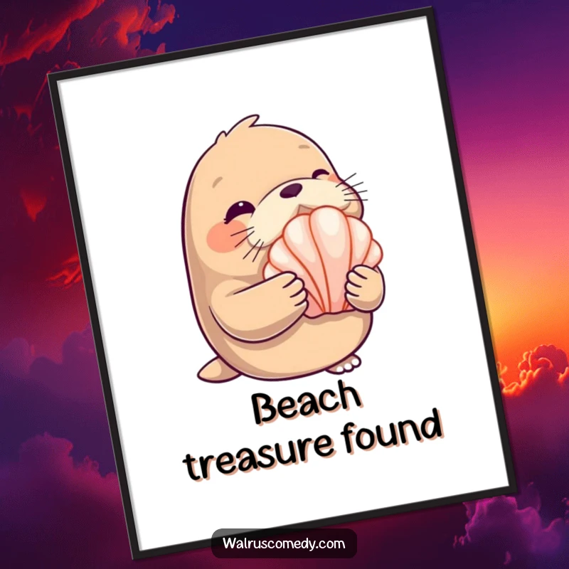 Funny Poster: A walrus with a knowing wink proudly holds a lustrous seashell, adding beachy charm.