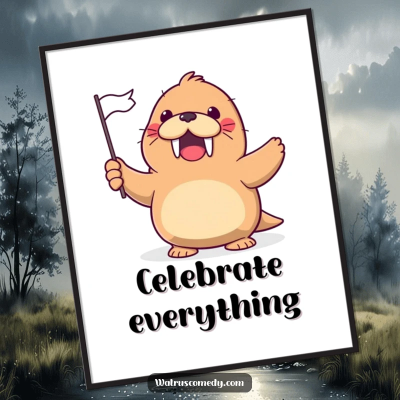 Funny Poster of a kawaii walrus gleefully waving a tiny flag with a cheerful, excited expression.