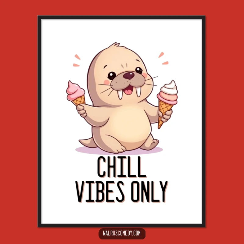 Funny Baby Walrus Ice Cream Poster - Cute Playful Wall Art Gift