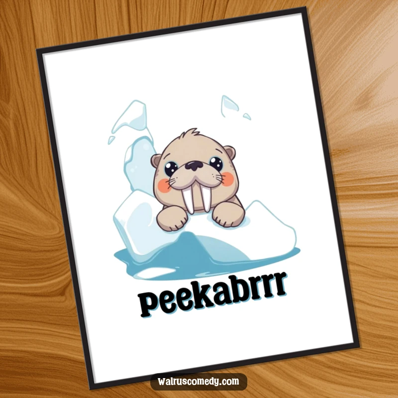 Funny walrus poster art of a curious animal with large eyes peeking from behind an icy backdrop, adding humor to any wall.