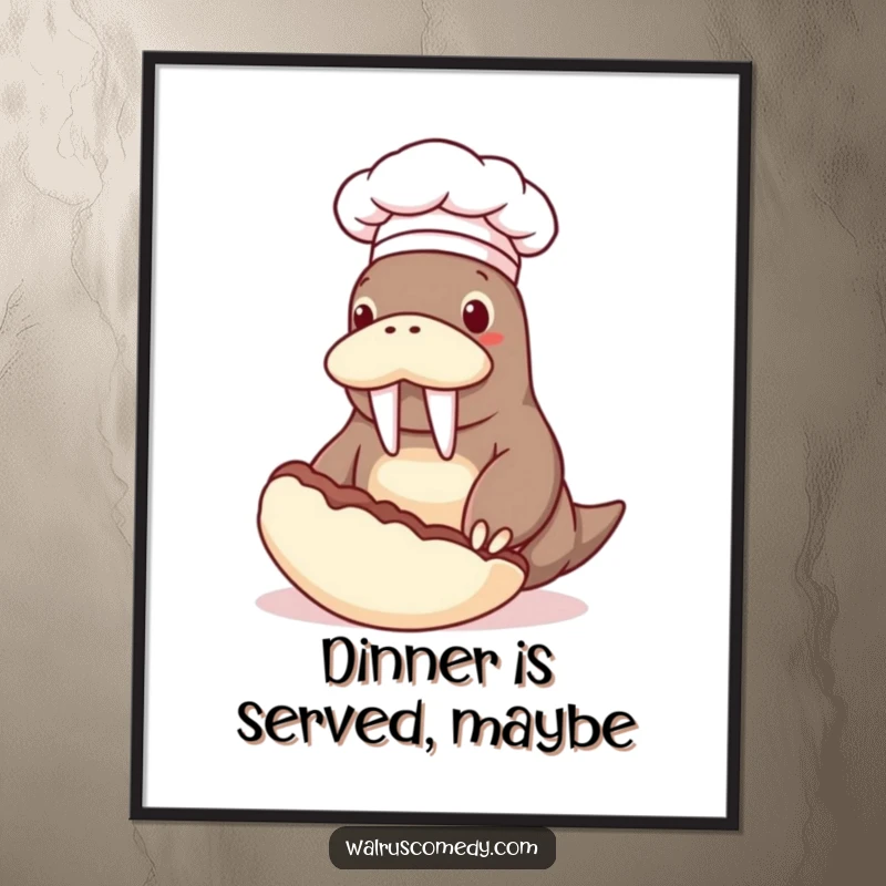 Funny poster featuring a walrus character in a chef hat flipping a giant clam, adding humorous culinary art to any space.
