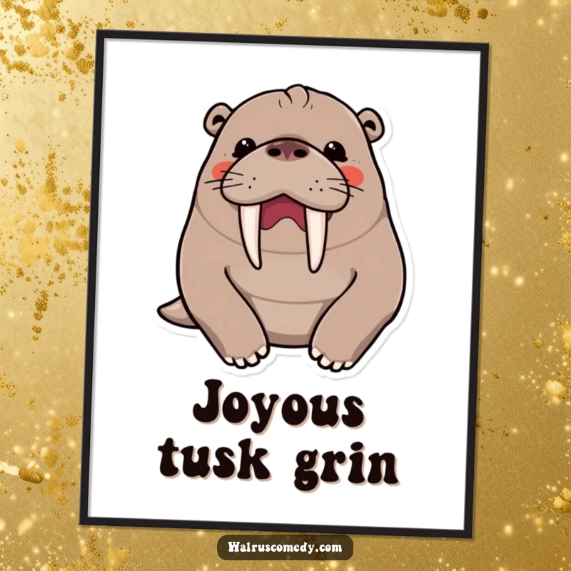 Funny kawaii walrus character caught in a hearty chuckle, prominent tusks visible, radiating pure joy and humor on a poster.
