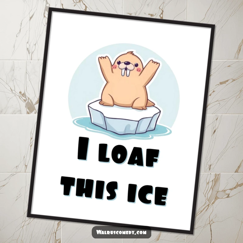 Funny kawaii walrus sunbathing on a tiny iceberg, arms raised, creating a cheerful and humorous scene for your wall decor.