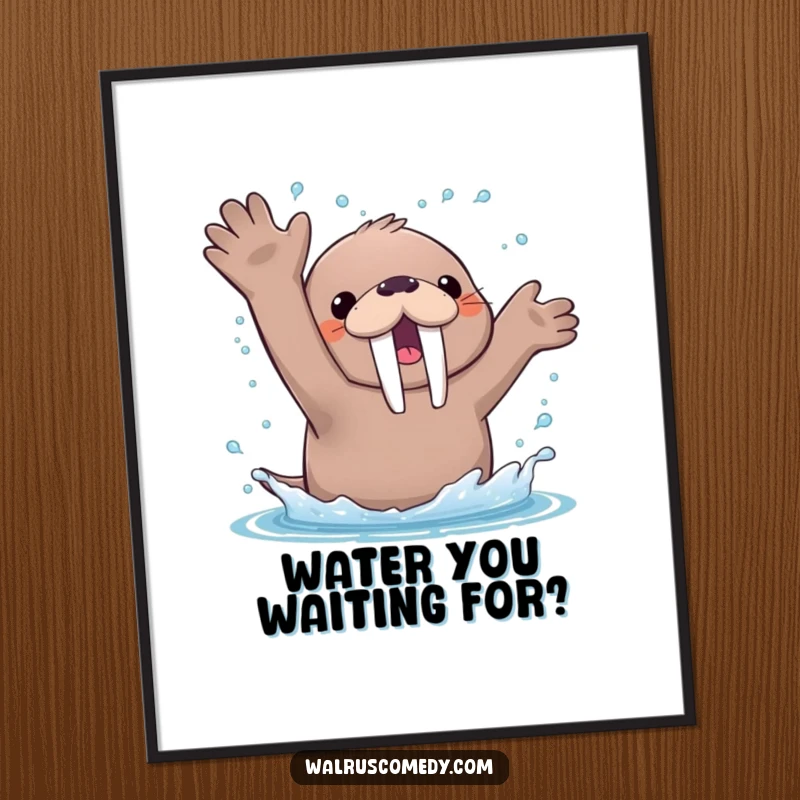 Funny Poster of a kawaii walrus enthusiastically splashing water with its flippers, showering happy droplets in a vibrant display.