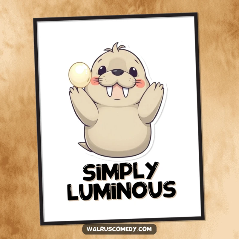 Funny poster art of a happy walrus presenting a lustrous pearl, creating a humorous and heartwarming scene of discovery and delight.