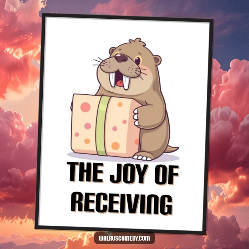 Funny poster print of a walrus character with wide eyes, excitedly unwrapping a giant gift, adding humorous surprise art.