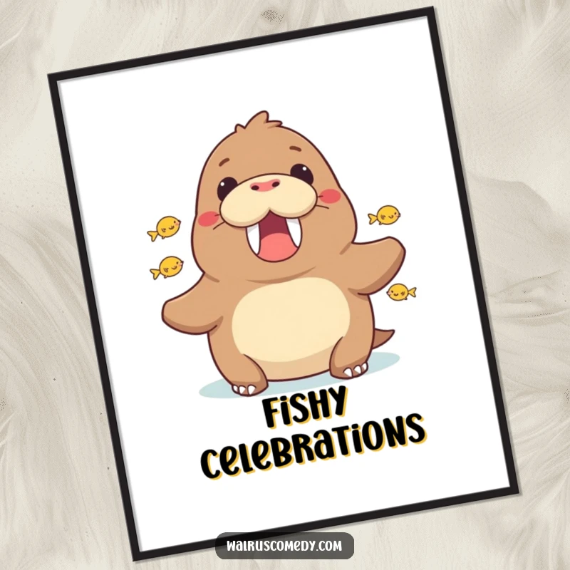 Funny walrus cheering with small fish around it poster, energetic wall art featuring a happy sea creature, excellent for motivation.