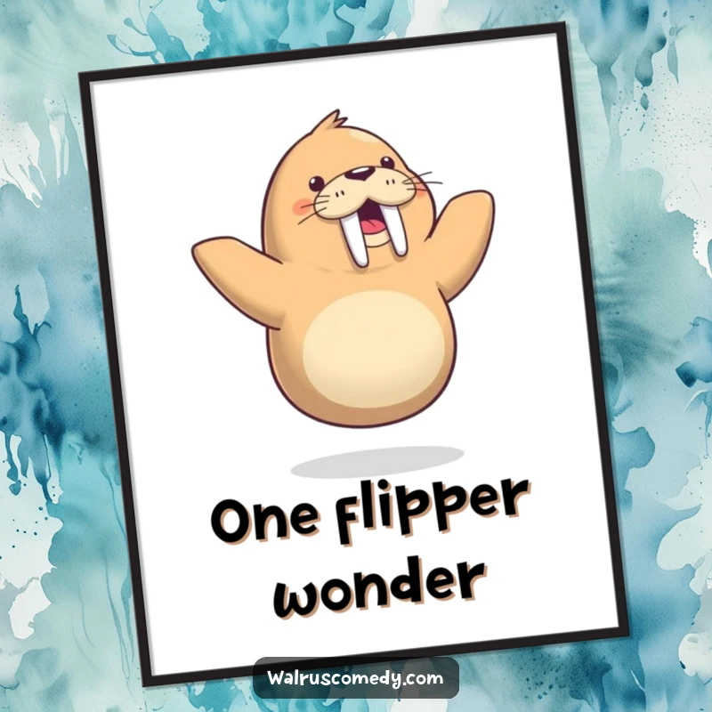 Funny poster art of a happy walrus masterfully dancing on one flipper, showcasing a hilarious and energetic performance.