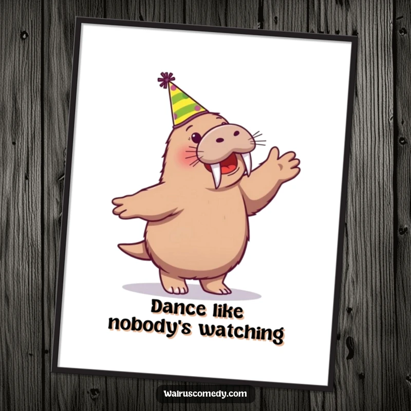 Funny poster illustrating an ecstatic walrus character in a party hat, dancing with pure energy and celebratory spirit.