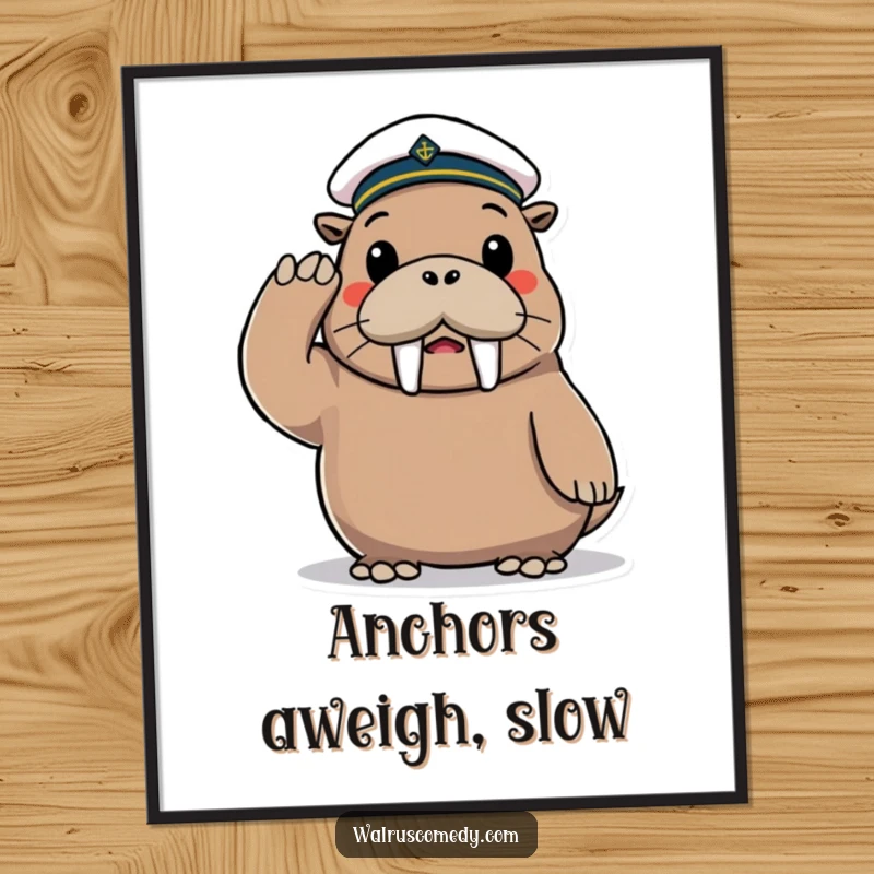 Funny Poster of a playful walrus character wearing a tiny sailor hat and giving a cheerful salute.