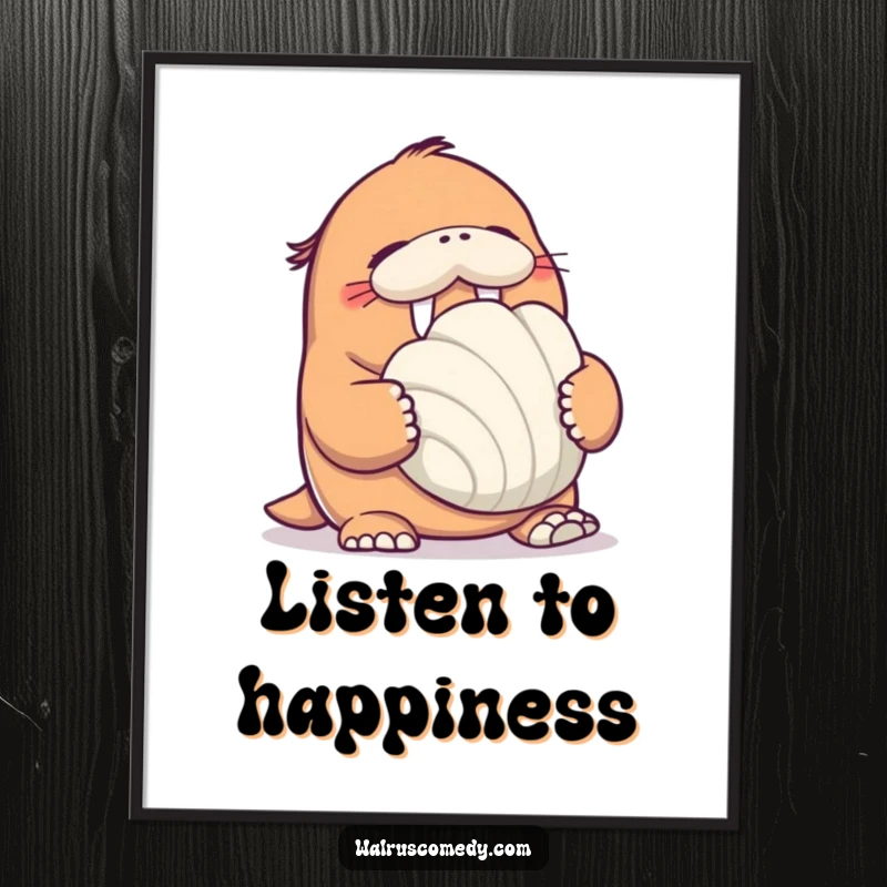 Funny Walrus Poster: A charming depiction of a walrus giggling joyfully while holding an enormous seashell.