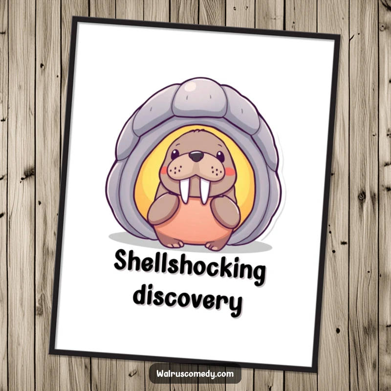 Funny curious walrus character peering into a large, radiant seashell, creating a whimsical and humorous wall art poster for marine life fans