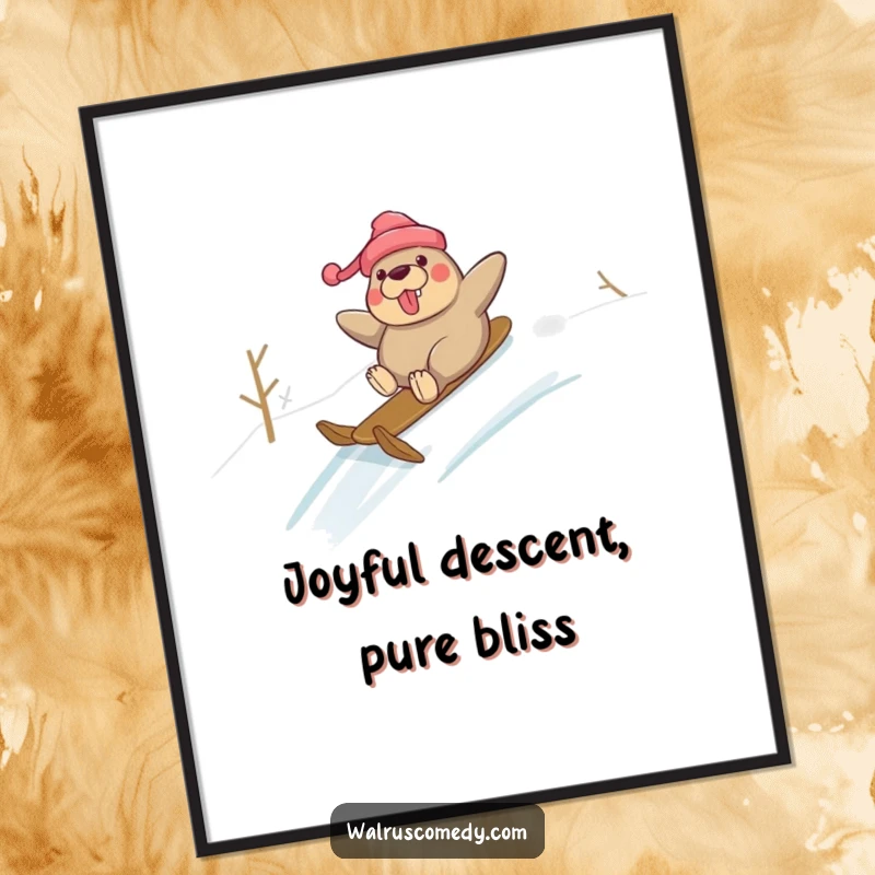 Funny poster print of a walrus character sliding downhill on snow with great glee, adding humorous winter cheer to walls.