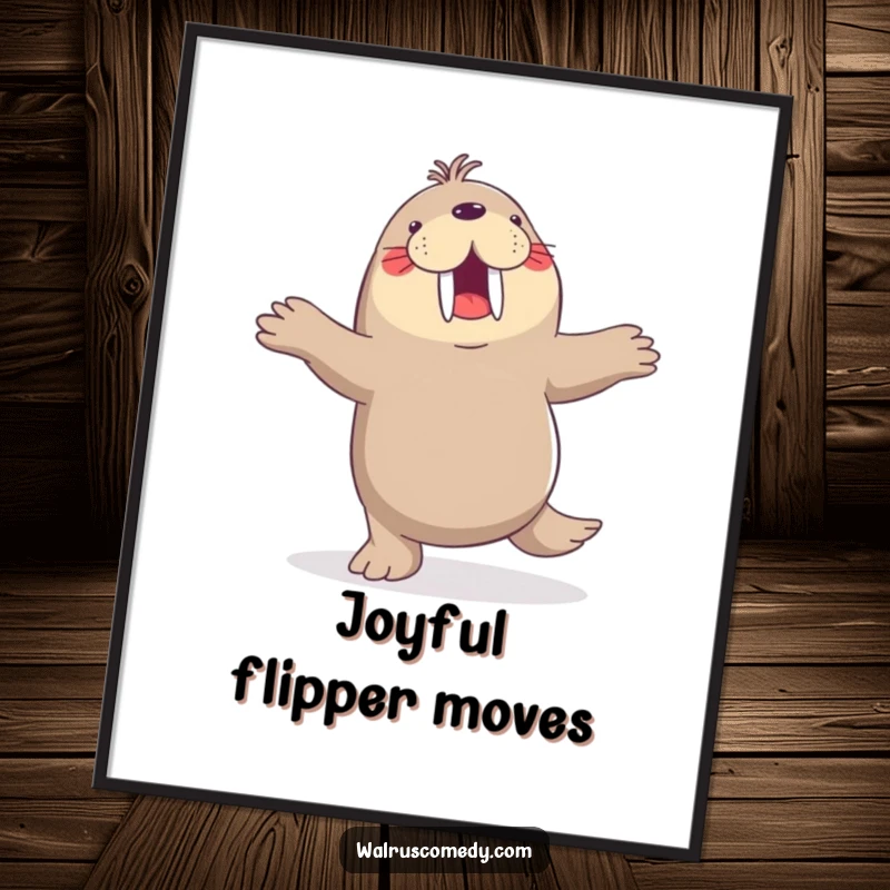 Funny poster, joyful walrus dancing a jig, flippers in the air, wall art, happy decor, perfect for any room.