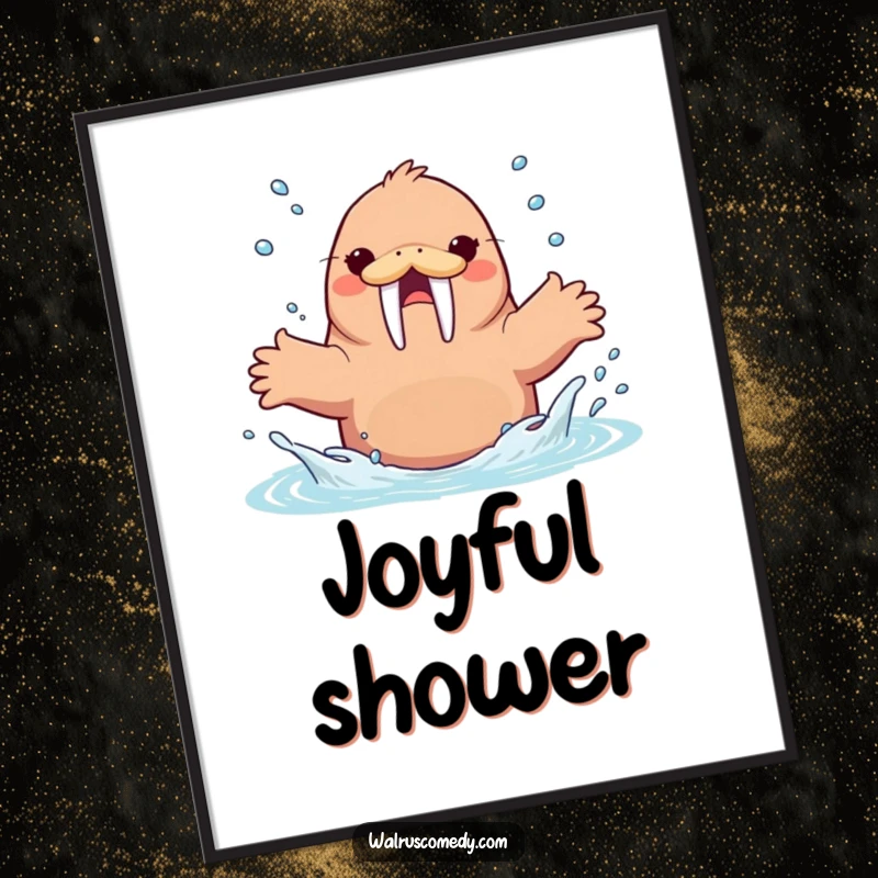 Funny Kawaii Walrus Splashing Water Poster, an energetic walrus splashing happily, cheerful ocean-themed wall art.