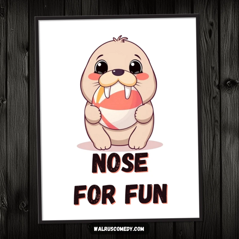 Funny kawaii walrus poster with large eyes balancing a beach ball, adding a touch of whimsical and adorable art to any wall.
