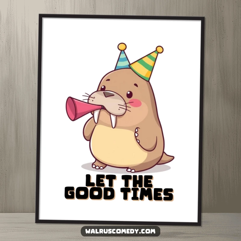 Funny cute walrus wearing a party hat and blowing a party horn on a decorative poster, a lively funny gift.