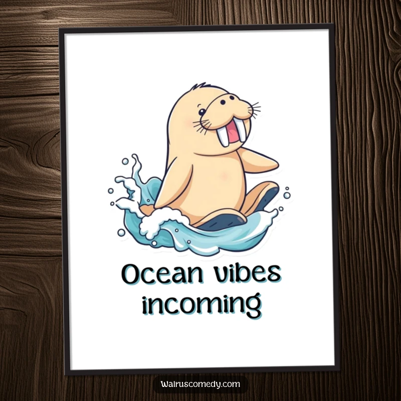 Funny Poster: A jubilant walrus character masterfully rides a powerful ocean wave, flippers dramatically splashing, capturing surf spirit.