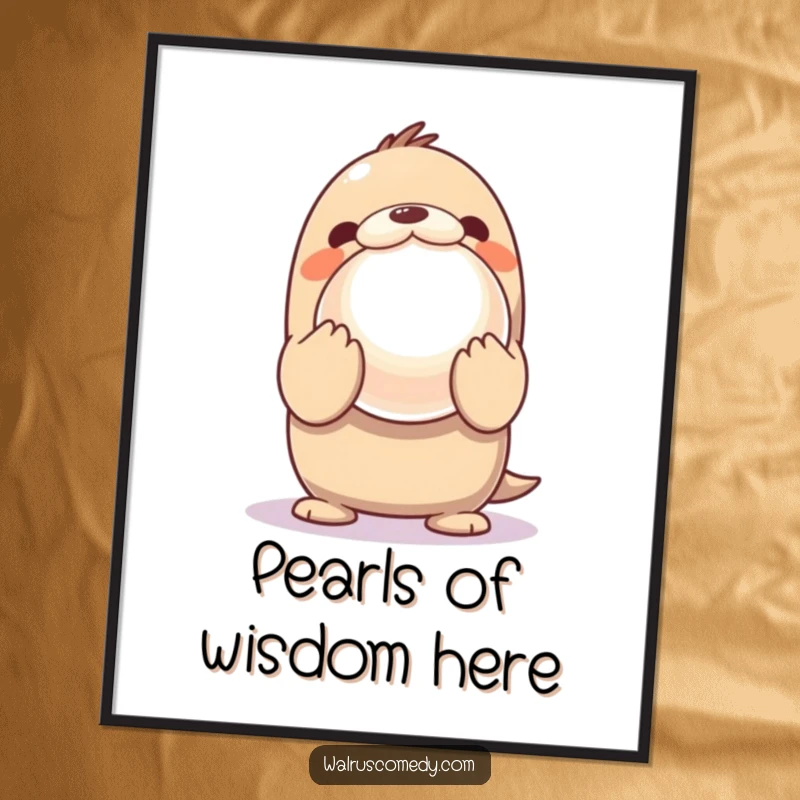Funny Poster depicting a Kawaii walrus with immense excitement presenting a large, gleaming pearl, radiating innocent joy.