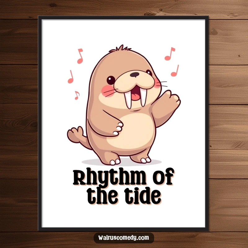 Funny upbeat kawaii walrus character tapping its flippers energetically to an imaginary song, bringing a lively vibe to a poster.