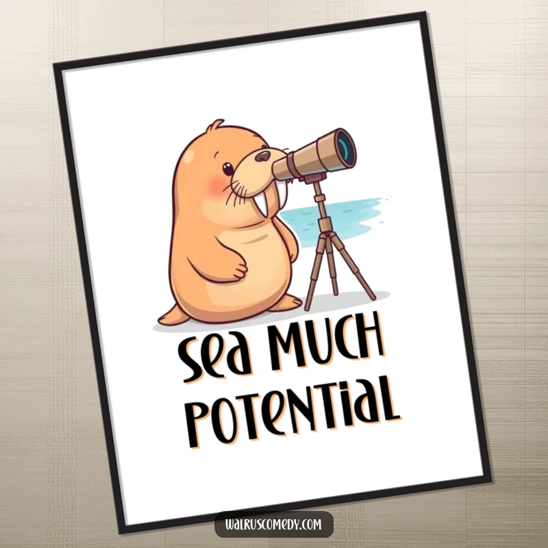 Funny walrus poster of a curious walrus observing the sea through a large telescope, evoking a sense of wonder and humor.
