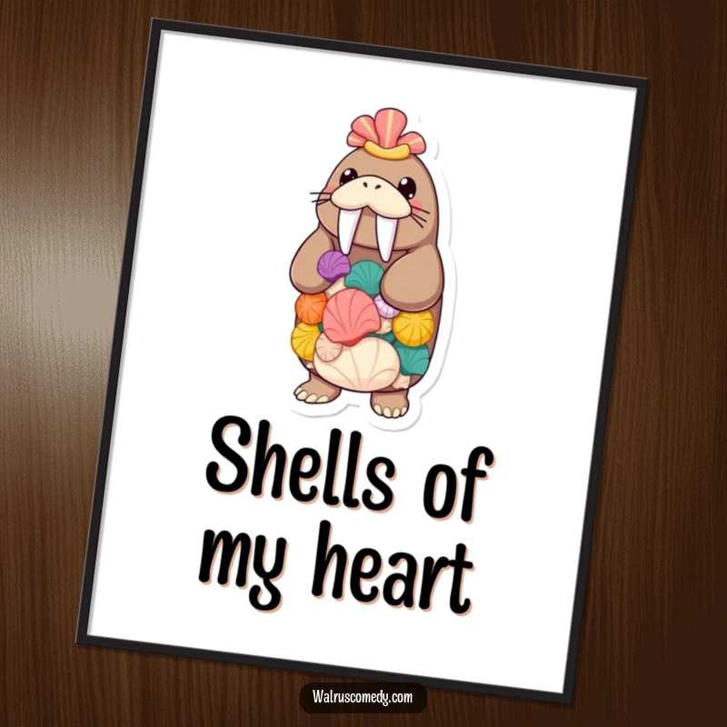 Funny walrus balancing seashells on a poster, humorous beach-themed wall art featuring a skilled sea creature, great for any space.