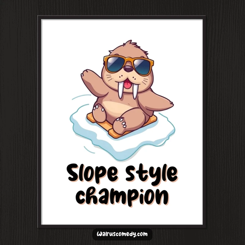 Funny kawaii walrus wearing sunglasses, expertly sliding down an icy slope, creating an action-packed and humorous wall art.