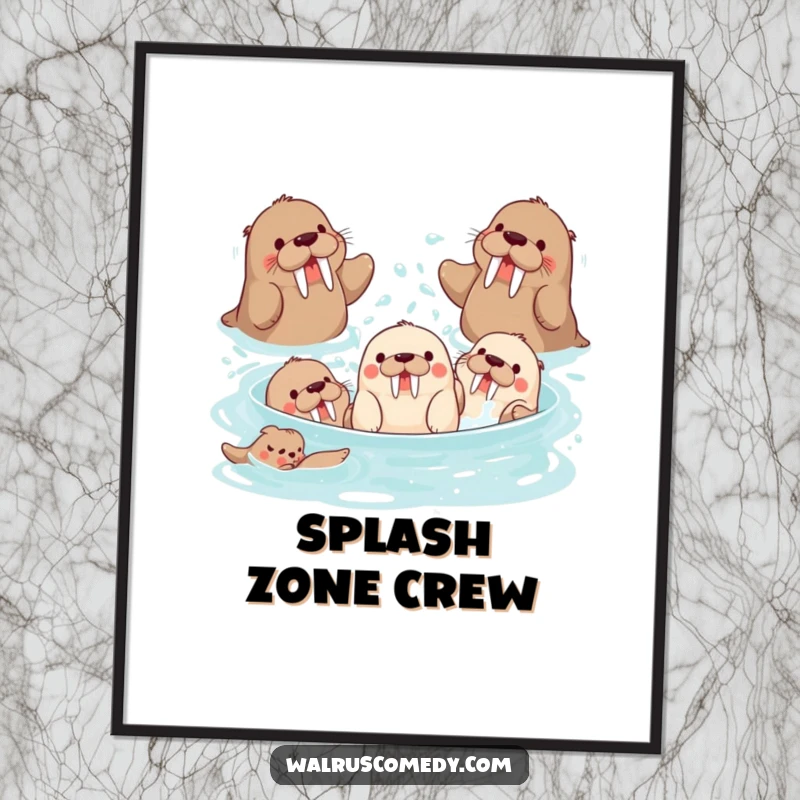 Funny group of playful walrus characters splashing water with joy, perfect wall art and a funny gift.