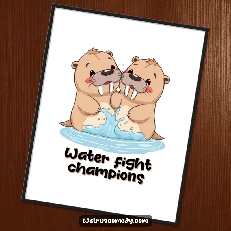 Funny walrus poster of siblings joyfully splashing each other with water, capturing the essence of playful family fun.