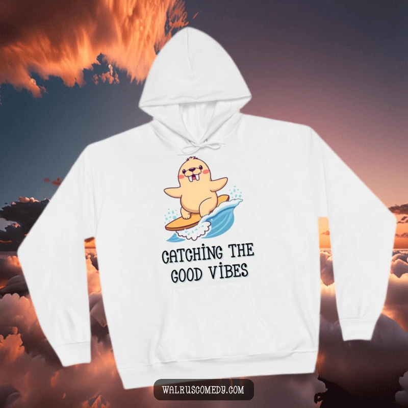 Funny Hoodie featuring a Kawaii walrus happily riding a playful wave with determined joy and a cheerful demeanor.