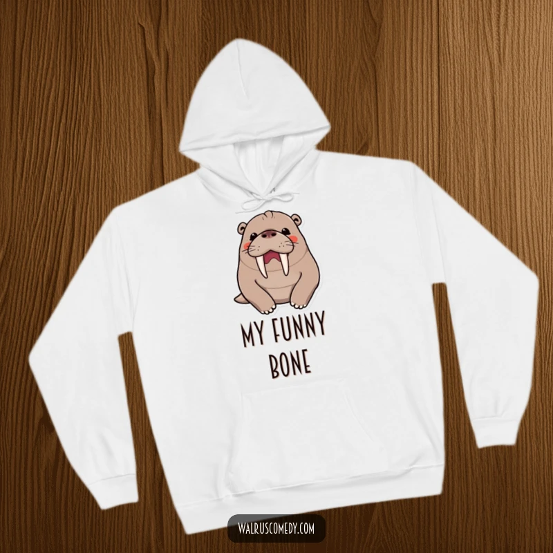 Funny kawaii walrus character in a hearty chuckle, tusks visible, looking cozy and warm in a hoodie.