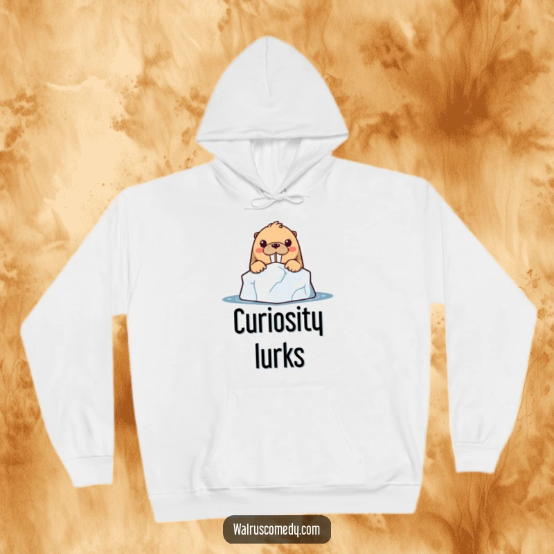 Funny kawaii walrus character peeking with curiosity from behind a cold iceberg, looking snug in a hoodie.