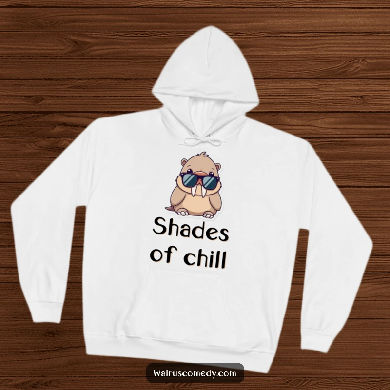 Funny hoodie with a cute kawaii walrus wearing sunglasses, looking effortlessly cool and relaxed.