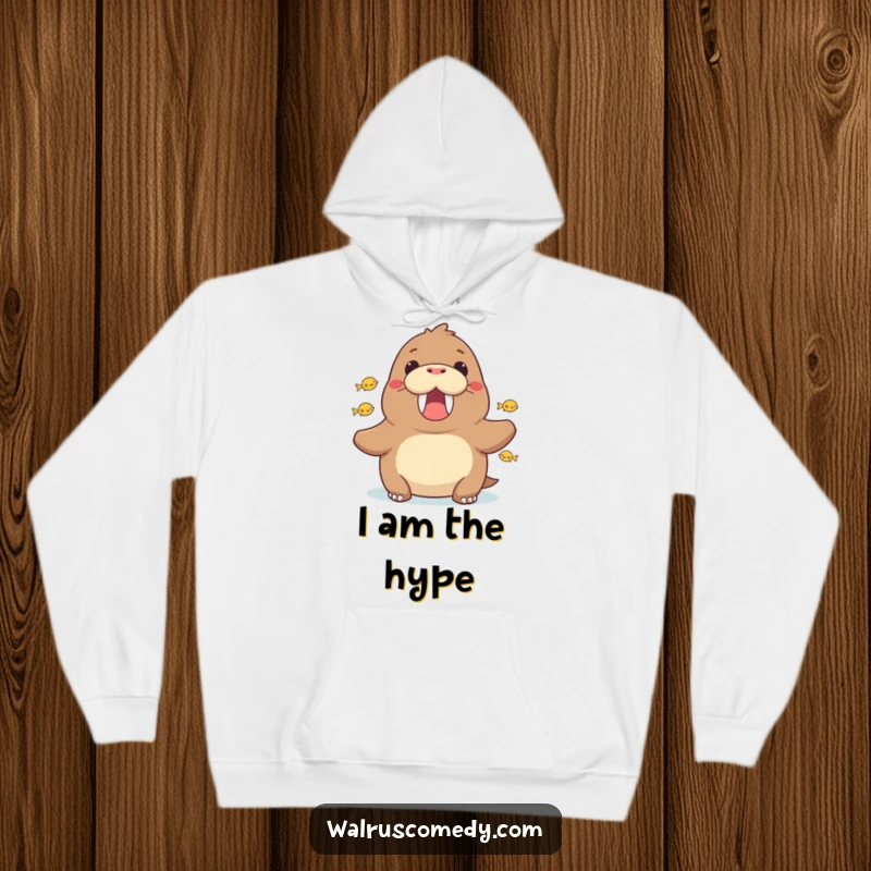 Funny walrus cheering with fish around it, a warm and cozy hoodie featuring a supportive sea creature, great for comfort.