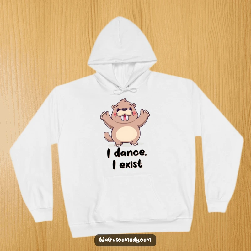 Funny walrus doing a happy dance, a warm and cozy hoodie featuring a joyful sea creature, great for casual wear.