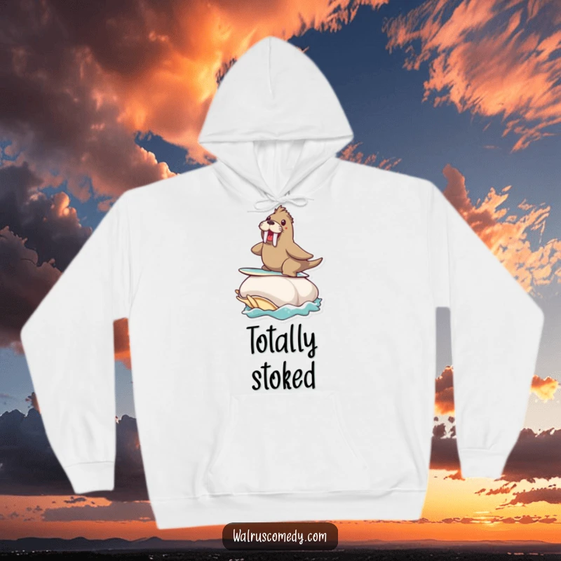 Funny hoodie depicting a walrus gleefully surfing on a giant clam, ideal for cozy, humorous wear.