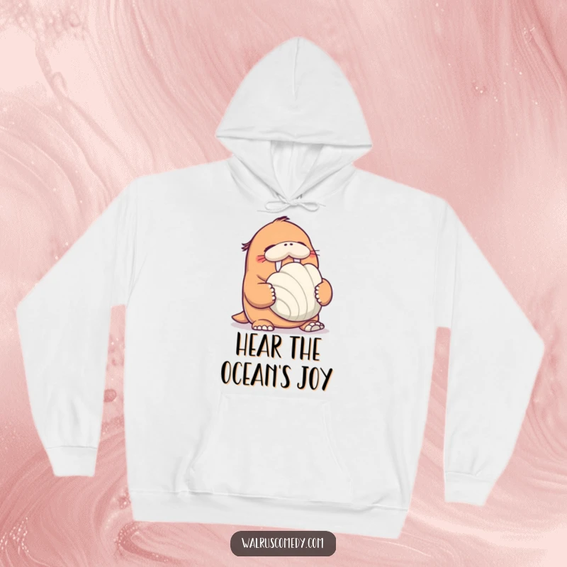 Funny Walrus Hoodie: An amused walrus character giggles heartily while holding a massive seashell, looking delighted.