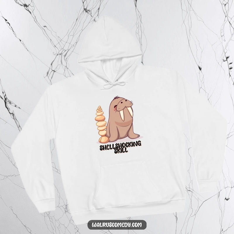 Funny hoodie featuring a giggling walrus character balancing a precarious tower of seashells on its tusks, embodying playful ocean vibes.