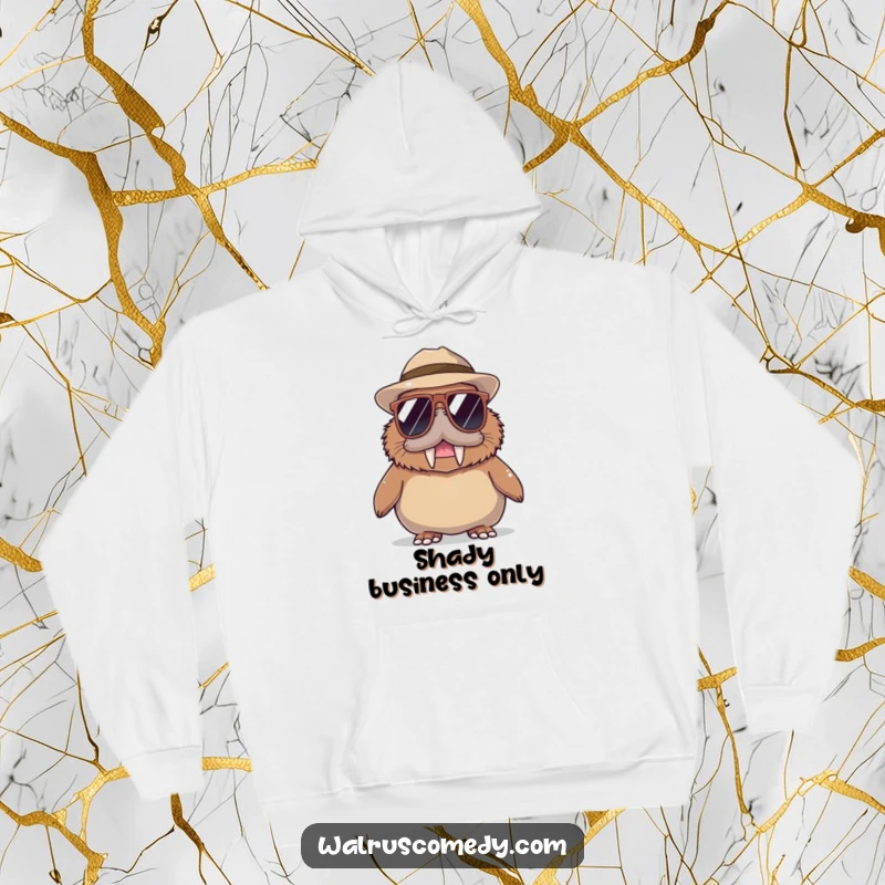 Funny Walrus Hoodie: An amusing walrus character wears large sunglasses and a stylish hat, exuding a cool and playful demeanor.