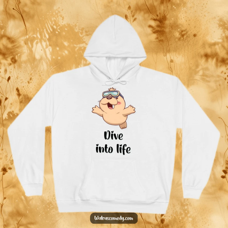 Funny hoodie featuring a playful walrus wearing swimming goggles and diving with a smile, ready for underwater escapades.