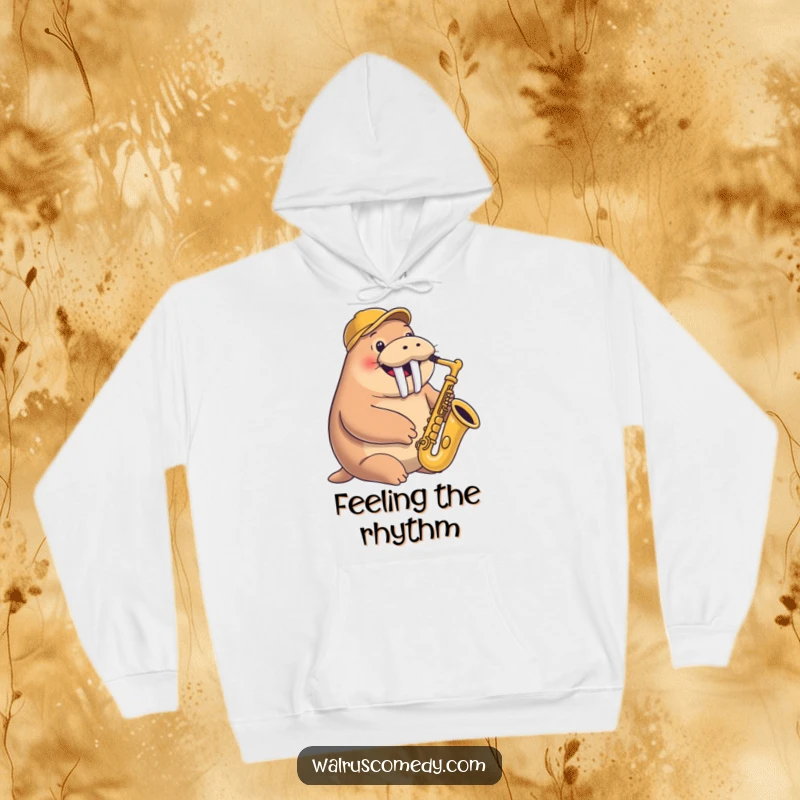 Funny hoodie featuring a smiling walrus happily playing the saxophone while wearing a jaunty cap, radiating musical joy.