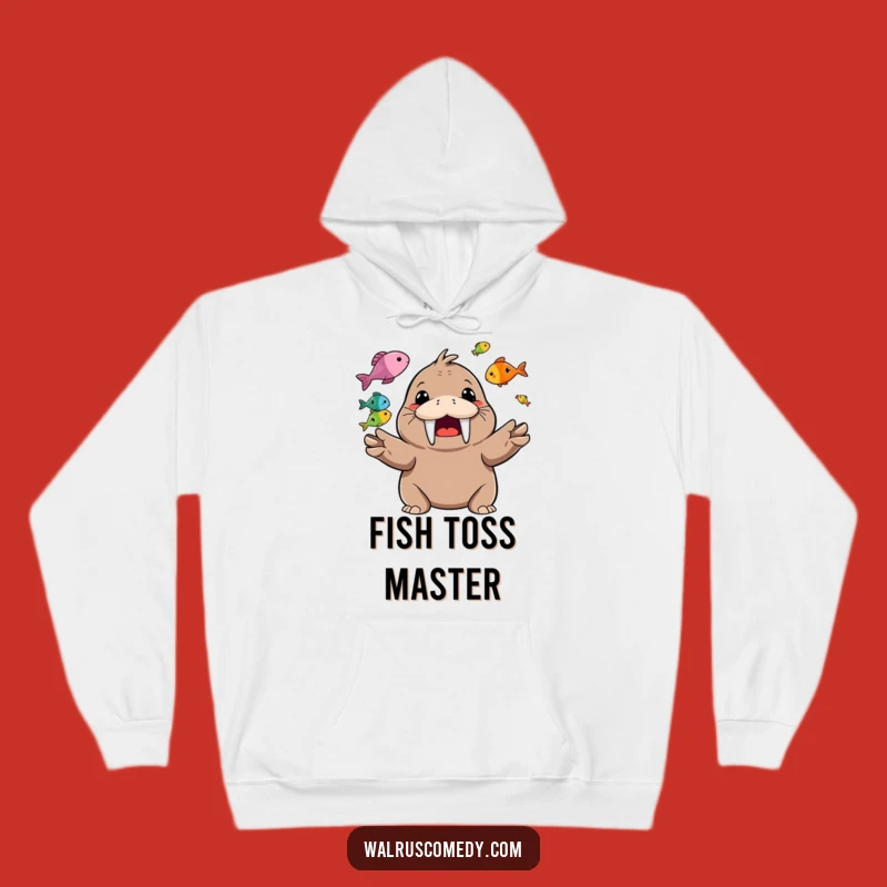 Funny Walrus Juggling Fish Hoodie: Cozy Happy Character Sweatshirt for Warmth